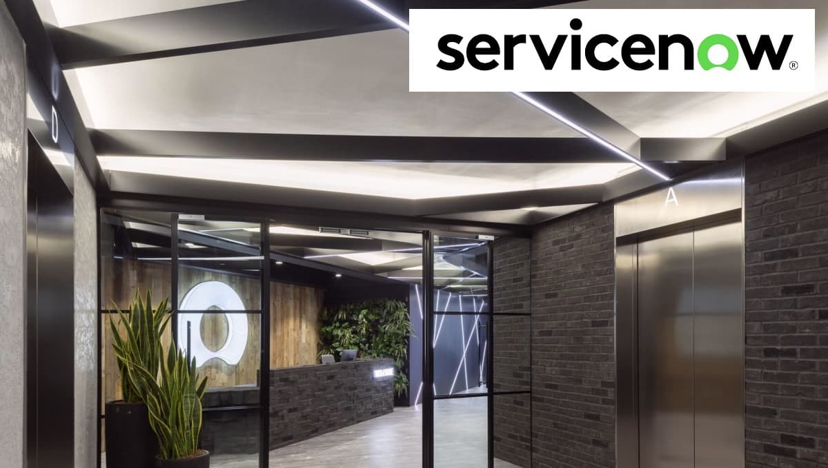 Image of ServiceNow Office in London with elevator and front desk